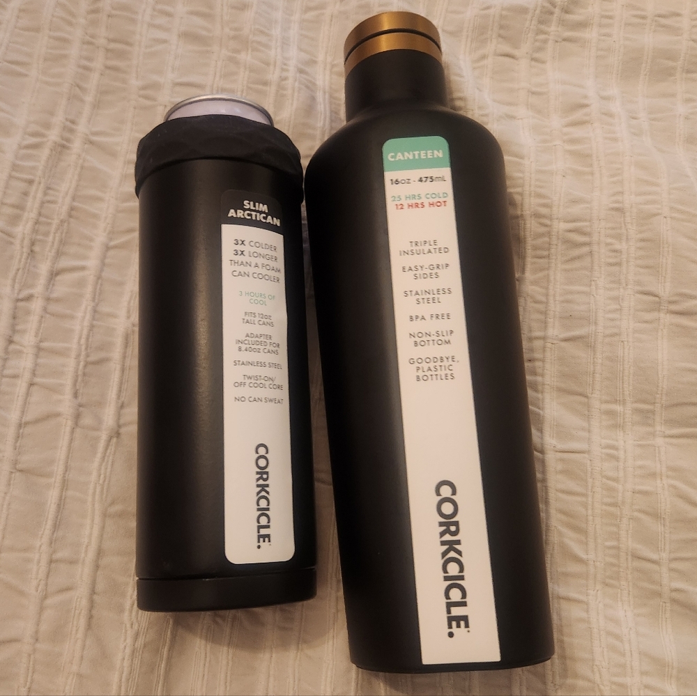 Corkcicle Black and Gold Canteen and Slim Arctican Set New